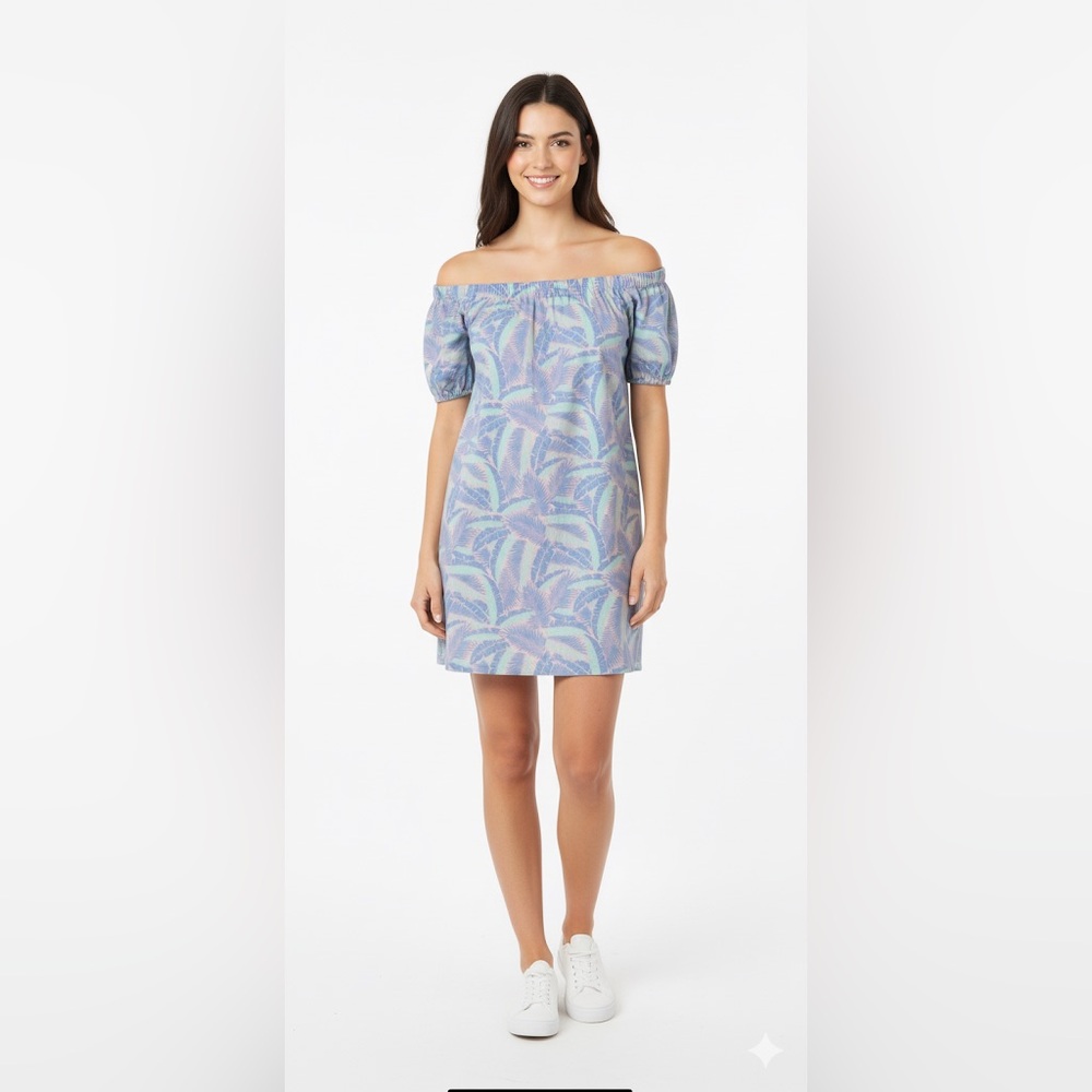Vineyard Vines purple and pink off the shoulder tropical palm leaf print dress S